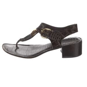 Tory Burch Brown Croc Embossed Leather T-Strap Block Heel Sandals 5.5 Medallion